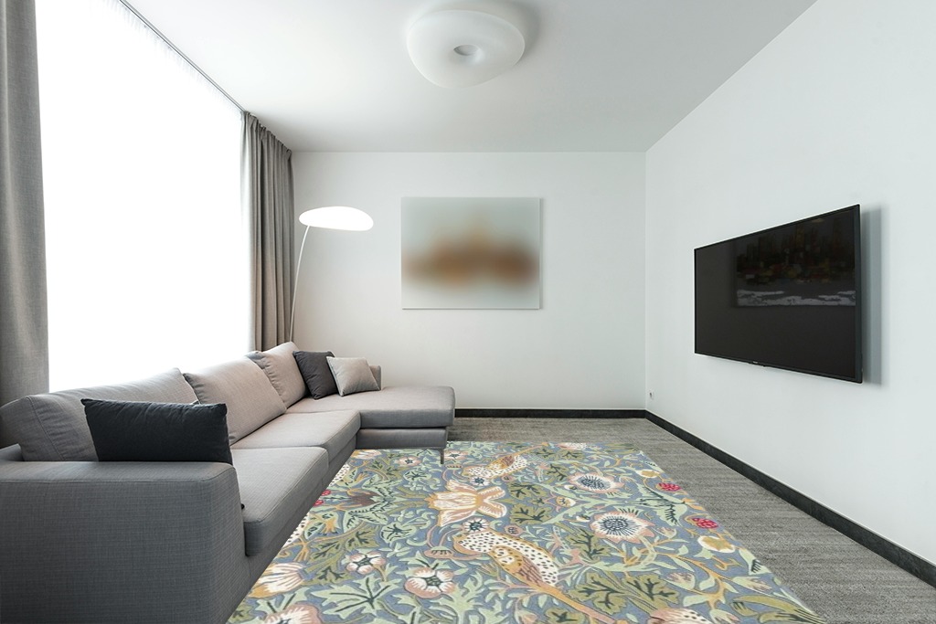 Restoration and Renovation Premium Handmade Wild Straberry Floral Wool Area Rug | Garden Colorful Flower Design Rug for Living Room, Bedroom & Home Decor (Light Blue, 3' x 5') in Modern Living Room with Grey Couch