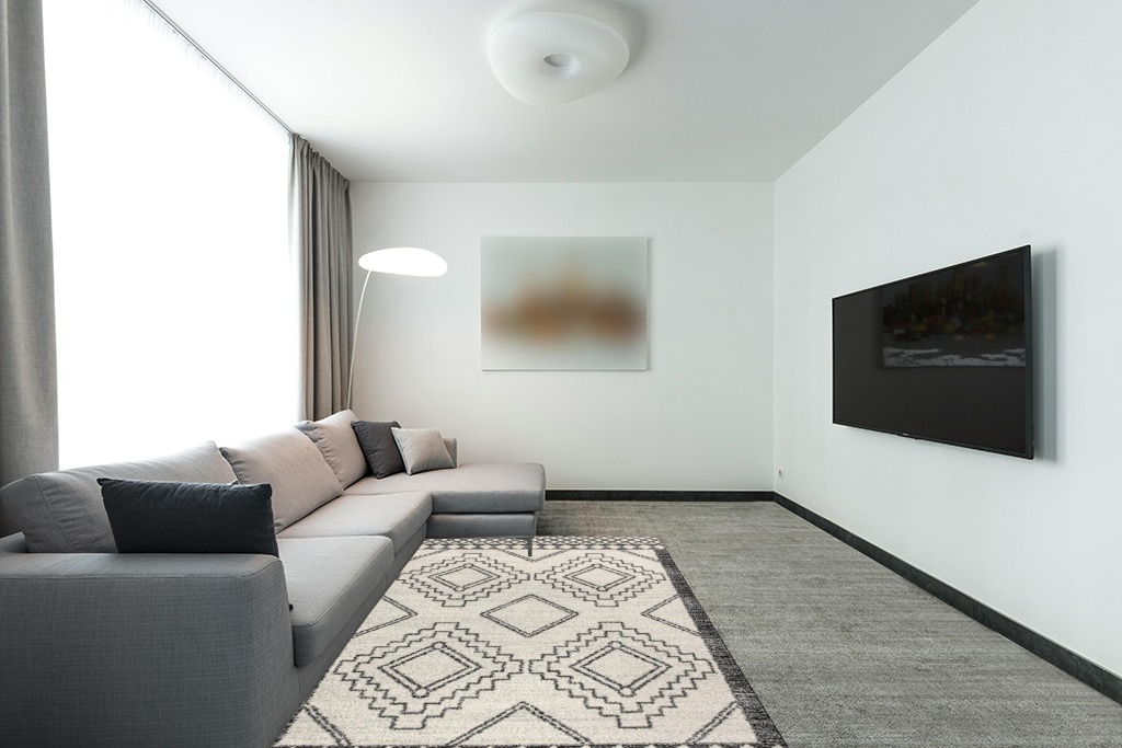JONATHAN Y MOH200A-5 Amir Moroccan Beni Souk Indoor Area-Rug Bohemian Farmhouse Rustic Geometric Easy-Cleaning Bedroom Kitchen Living Room Non Shedding, 5 X 8, Cream,Black in Modern Living Room with Grey Couch