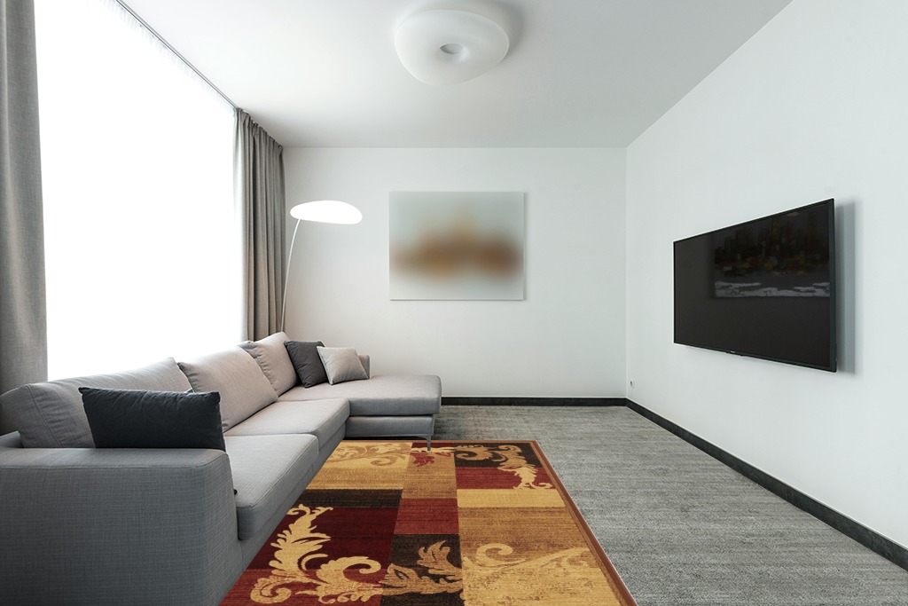 Home Dynamix Catalina Pierre Contemporary Scroll Area Rug, Brown/Red, 5'3"x7'2" in Modern Living Room with Grey Couch