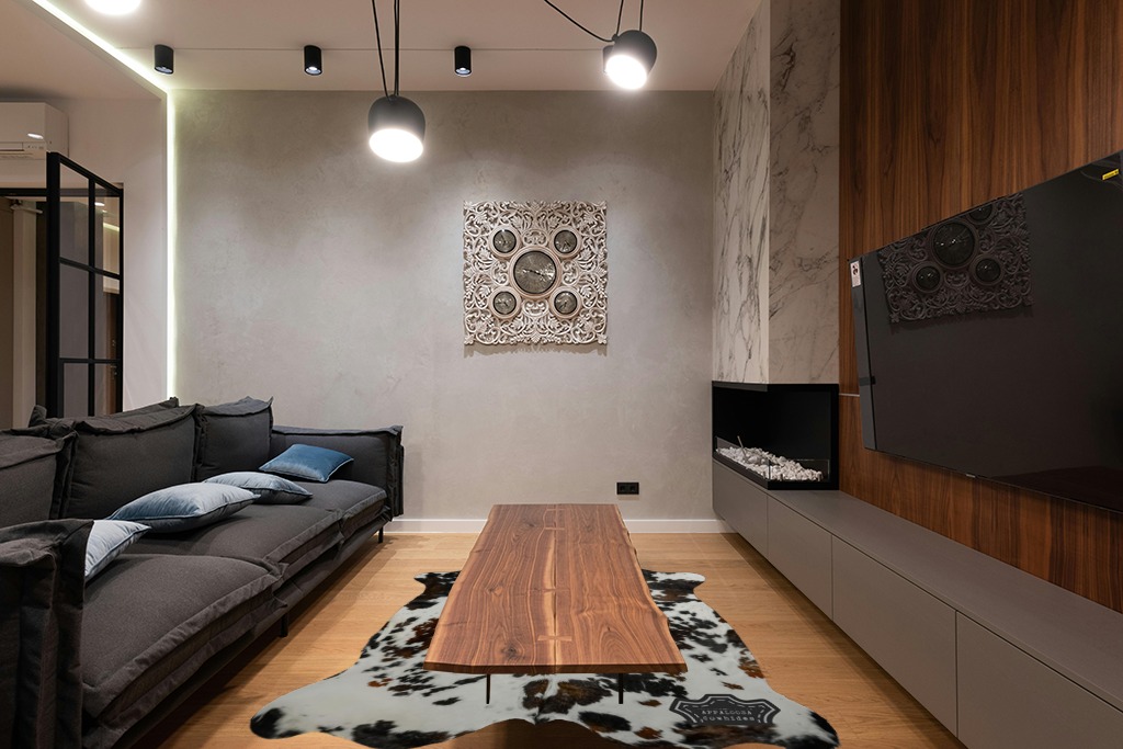 Appaloosa Cowhides Natural Cowhide Rug - Tricolor Cowhide Area Rug for Bedroom & Living Room - Luxury Cowhides Modern Accent Rug - Genuine Leather with Real Animal Fur, Original, 6 x 7 Feet in Dark Wood Living Room with Black Couch