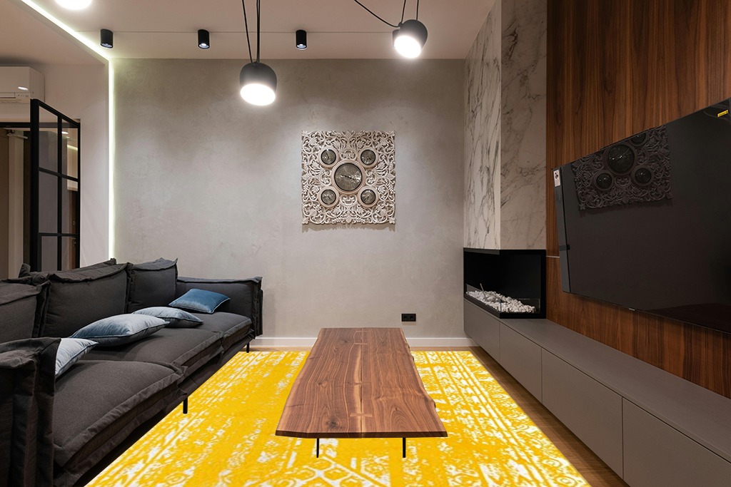 Unique Loom Lennon Collection Area Rug - Zal (7' 10" x 10' Rectangle, Yellow/ Ivory) in Dark Wood Living Room with Black Couch