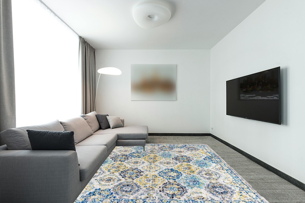 JONATHAN Y MDP205A-8 Modern Persian Boho Vintage Trellis Rug Bohemian Bedroom LivingRoom Kitchen,8 X 10,Blue/Multi in Modern Living Room with Grey Couch