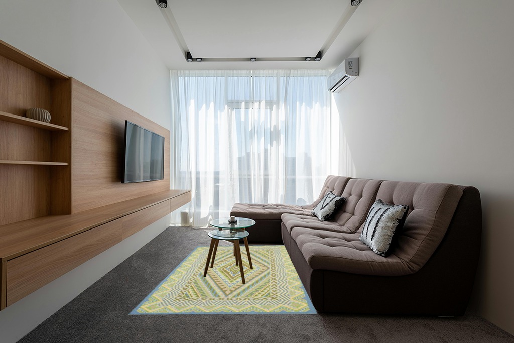 SAFAVIEH Four Seasons Collection 5' x 8' Blue / Yellow FRS490H Hand-Hooked Area Rug in Grey Living Room with Brown Couch