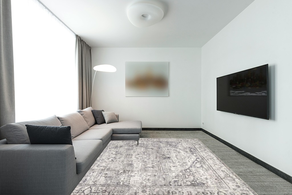nuLOOM Brielle Machine Washable Vintage Medallion Area Rug, 8x10, Grey in Modern Living Room with Grey Couch