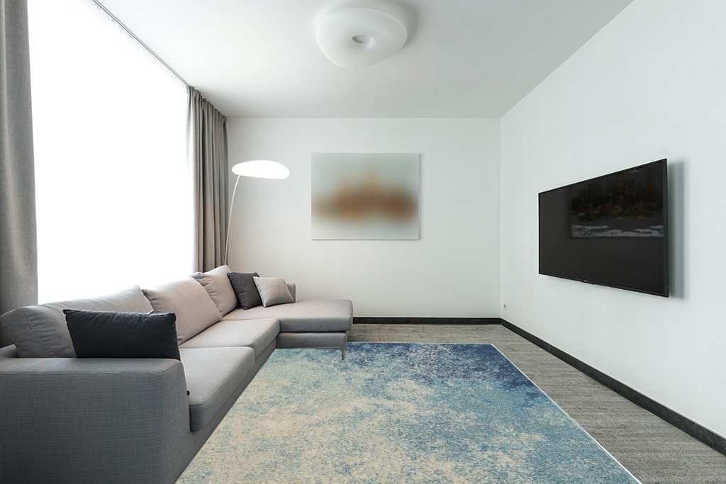 Nourison Passion Navy/Light Blue 8' x 10' Area -Rug, Modern, Abstract, Easy -Cleaning, Non Shedding, Bed Room, Living Room, Dining Room, Kitchen (8x10) in Modern Living Room with Grey Couch
