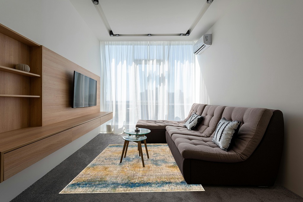Unique Loom Deepa Collection Area Rug - Whane (Rectangular 6' 0" x 8' 9", Blue Ivory/ Yellow) in Grey Living Room with Brown Couch