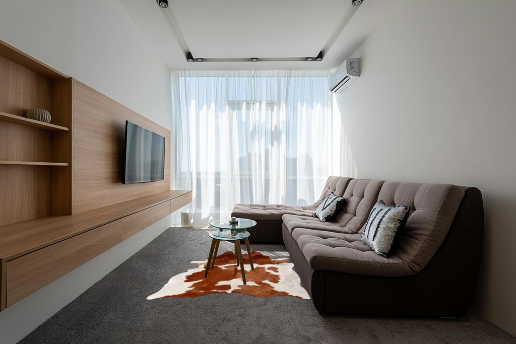 Brown and White Cowhide Rug Natural Cow Skin Cow Hide Leather Area Rug Hair On, 5 ft X 6 ft Premium Brown White Large in Grey Living Room with Brown Couch