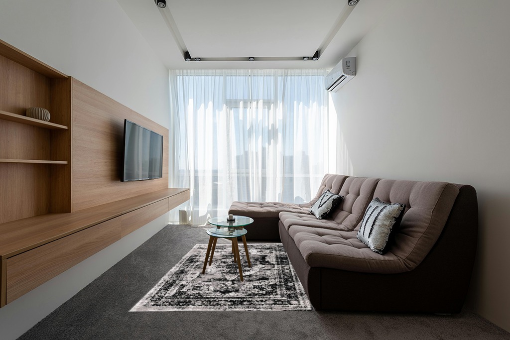 Unique Loom Sofia Collection Area Rug - Salle Garnier (5' 3" x 8' Rectangle, Black/ Ivory) in Grey Living Room with Brown Couch
