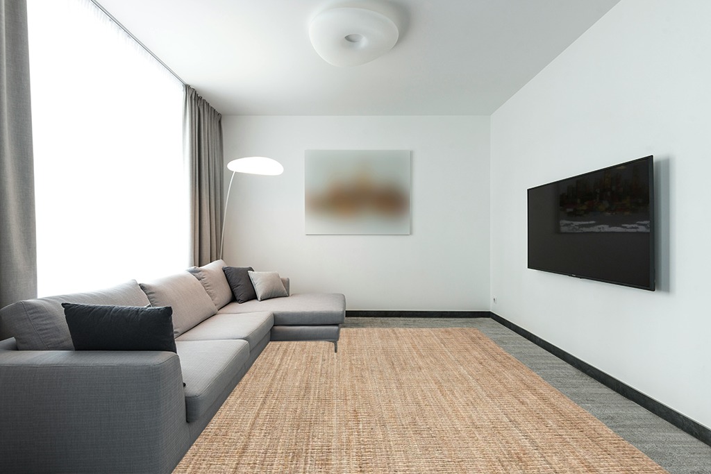 SAFAVIEH Natural Fiber Collection Area Rug - 9' x 12', Natural, Handmade Chunky Textured Jute 0.75-inch Thick, Ideal for High Traffic Areas in Living Room, Bedroom (NF447A) in Modern Living Room with Grey Couch