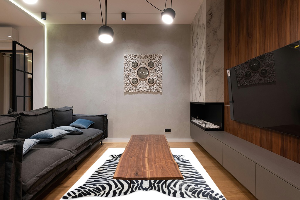 Sunshine Cowhides Genuine Safari Zebra Print Cowhide Rug - Luxurious Cow Rug for Bedroom, Living Room, and Home Decor Enthusiasts - Masterpiece of Style and Functionality - 6x7ft (180x210cm) in Dark Wood Living Room with Black Couch
