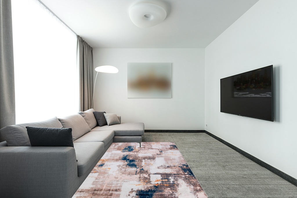 5x7 Abstract Area Rug in Blue & Beige - Indoor Accent Rugs for Living Room, Entryway, Bedroom, Modern Throw Rug, Non-Slip & Machine Washable, Colorful Bedside & Entryway Rugs with Unique Print Design in Modern Living Room with Grey Couch