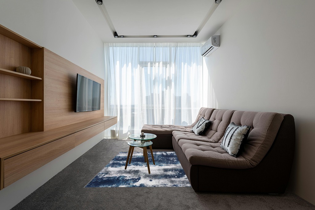Area Rug Living Room Rugs: 5x7 Large Soft Bedroom Carpet Non Shedding Washable Abstract Modern Throw Accent Rug for Dining Room Home Office Kitchen Under Table Floor - Blue in Grey Living Room with Brown Couch