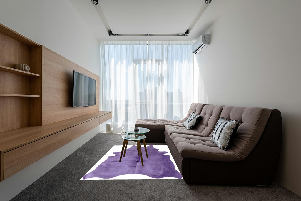 Natural Geneva Cowhide Area Rugs for Living Room and Bedroom | Handmade 100% Cow Rug with Low Pile | Shed-Resistant Home and Office Rug, Purple, 5 ft x 7 ft in Grey Living Room with Brown Couch