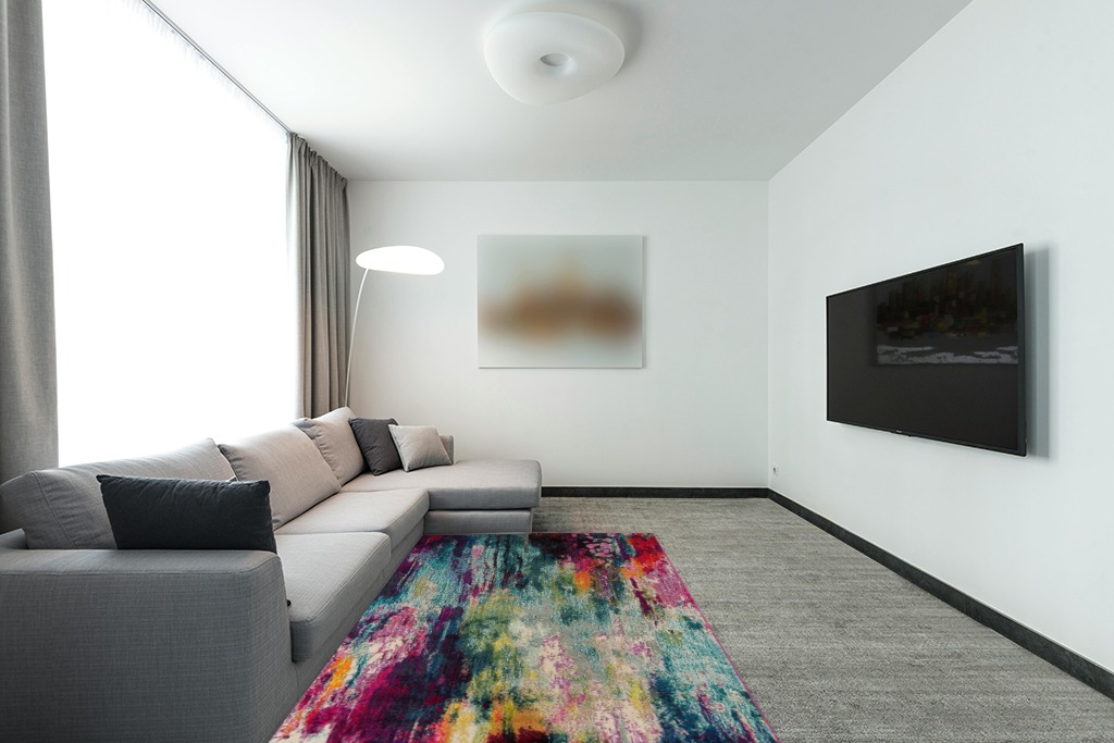 Unique Loom Chromatic Collection Modern Colorful & Vibrant Abstract Area Rug for Any Home Décor, 5 ft x 8 ft, Multi/Light Blue in Modern Living Room with Grey Couch