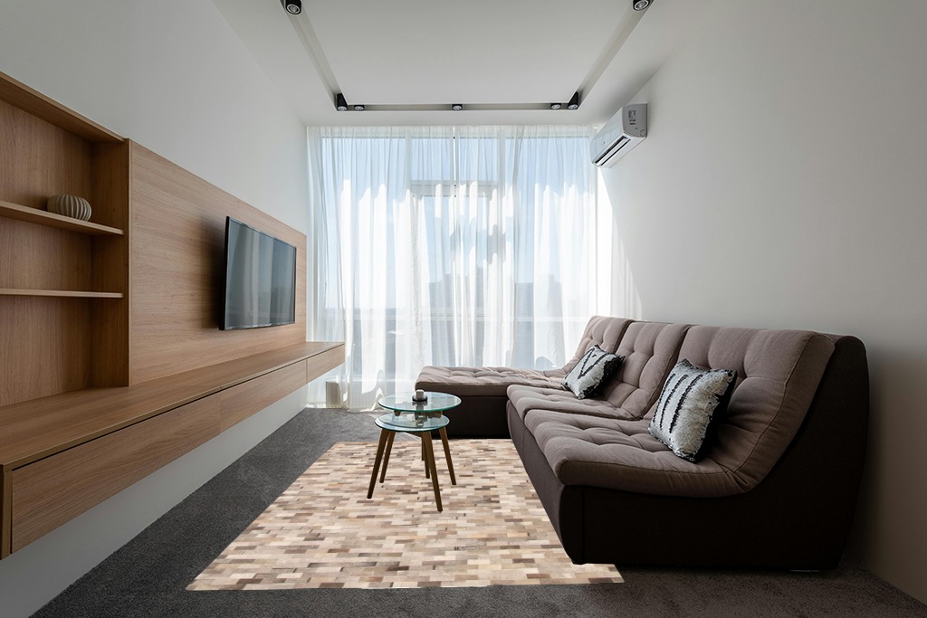 eCarpet Gallery Hand-Knotted | Area Rug for Living Room, Bedroom | Cowhide Patchwork Accent Grey Rug 6'0" x 9'0" | 331697 in Grey Living Room with Brown Couch