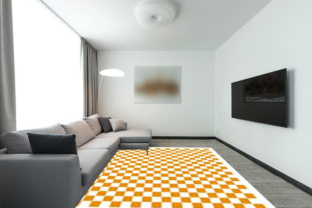 JROSING Checkered 8x10 Rug, Orange Checkerboard Modern Boho Washable Foldable Large Area Rugs for Living Room, Low Pile Ultrathin Nonslip Indoor Carpet for Office Bedroom Diningroom Classroom Playroom in Modern Living Room with Grey Couch