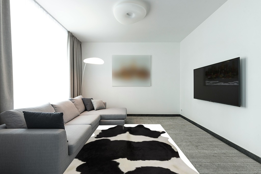 rodeo Classic Black and White Cowhide Rug … in Modern Living Room with Grey Couch