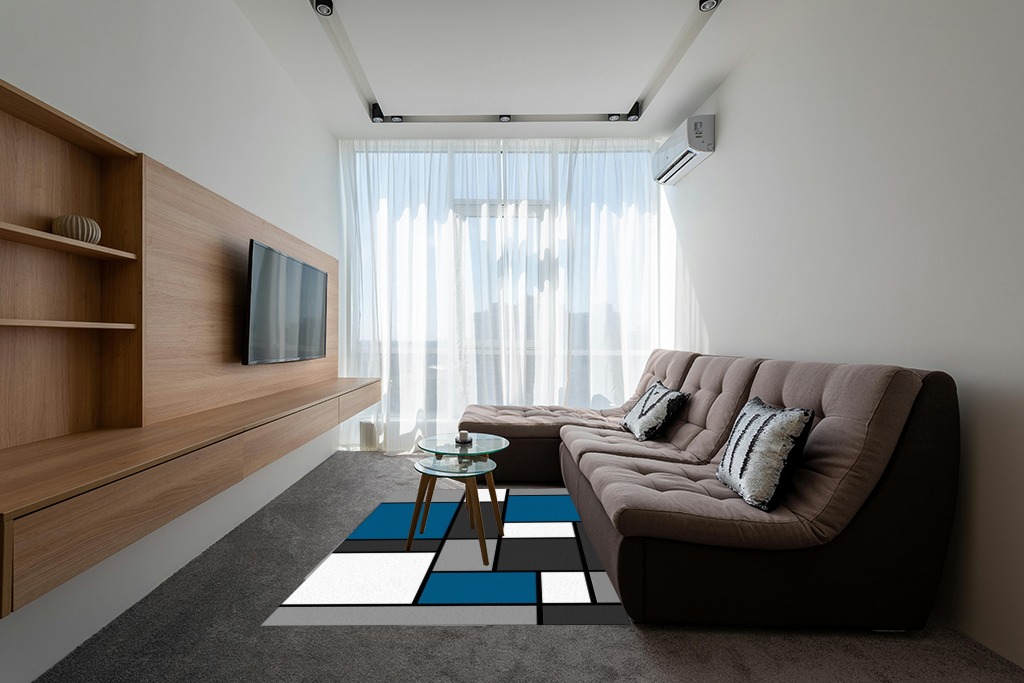 Blue Grey and White Geometry Area Rugs, Entryways Mat Fluffy Soft Machine Washable Breathable Durable for Room Living Room Indoor Outdoor Hallway, 5ft x 7ft in Grey Living Room with Brown Couch