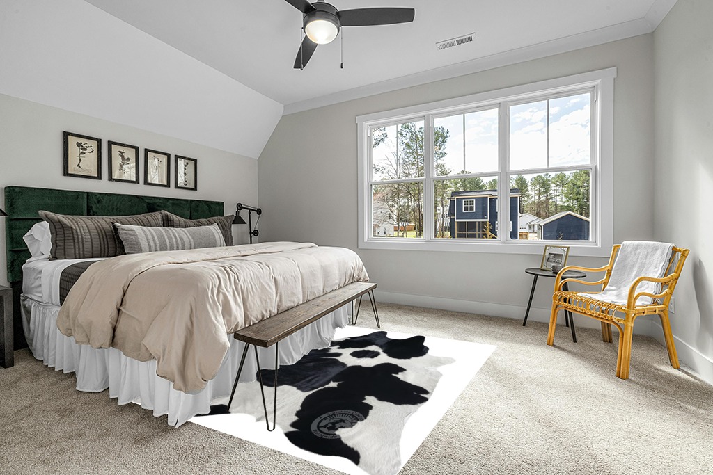Genuine Black and White Cowhide Rug XL 6 x 7-8 ft. 180 x 240 cm in Grey Traditional Bedroom with King Bed