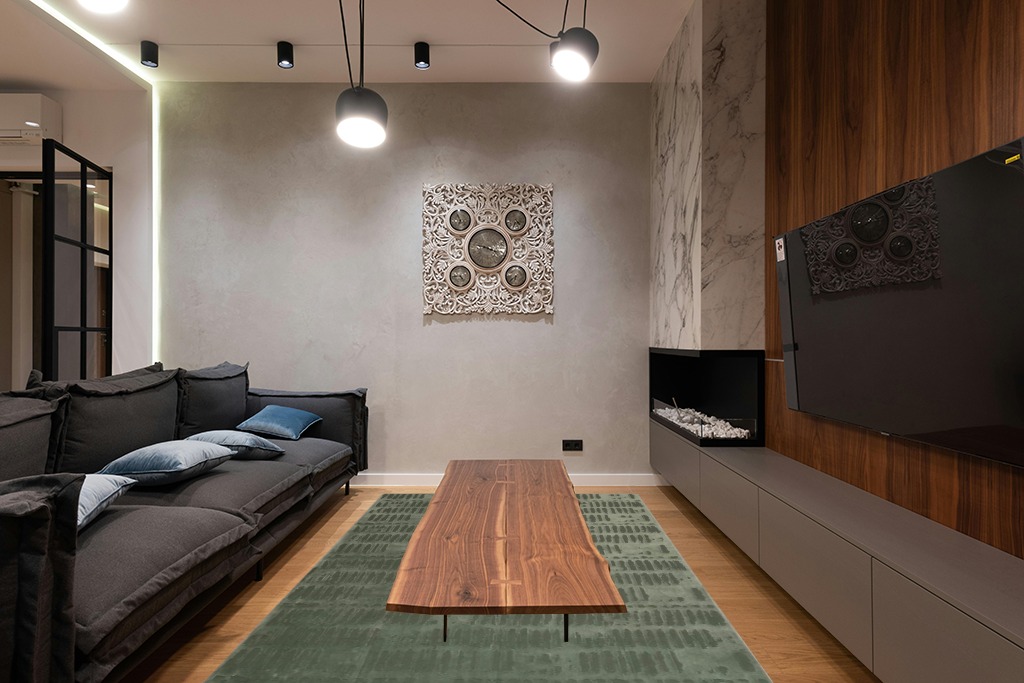 Revival Rugs Shell 6'7"x9' Machine Washable Area Rug for Living Room Bedroom - 100% Recycled Oeko-TEX Certified, Medium Pile, Green in Dark Wood Living Room with Black Couch