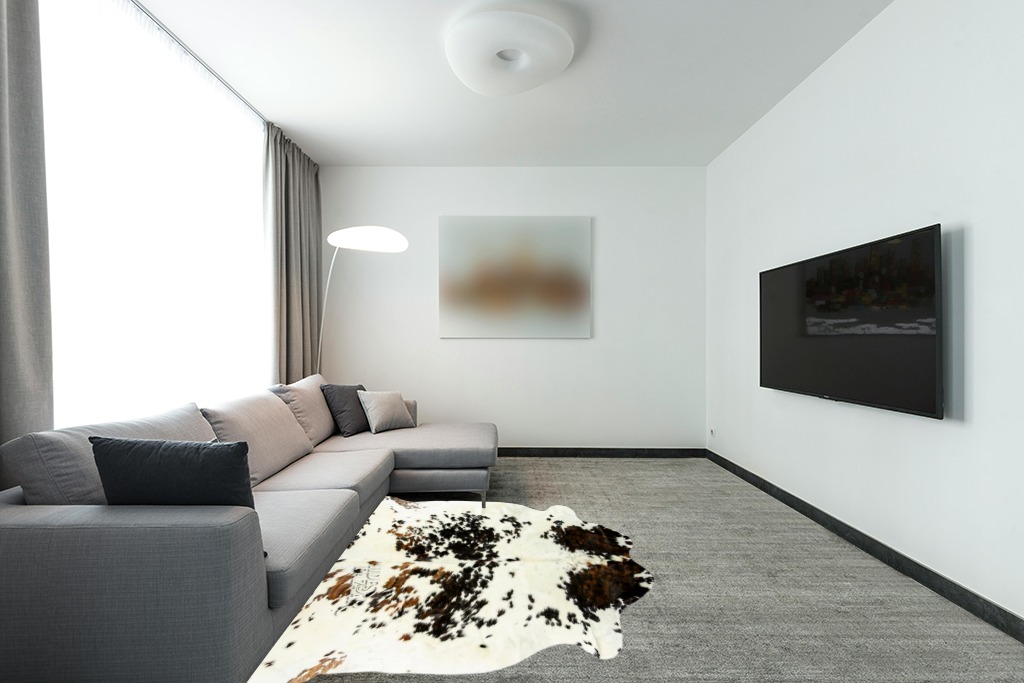 HIDES BAZAAR Light Tricolor Cowhide Rug, Premium Quality Genuine Leather Cow Hide, White, Brown and Black Color Mix Area Rug (5x7 ft) in Modern Living Room with Grey Couch