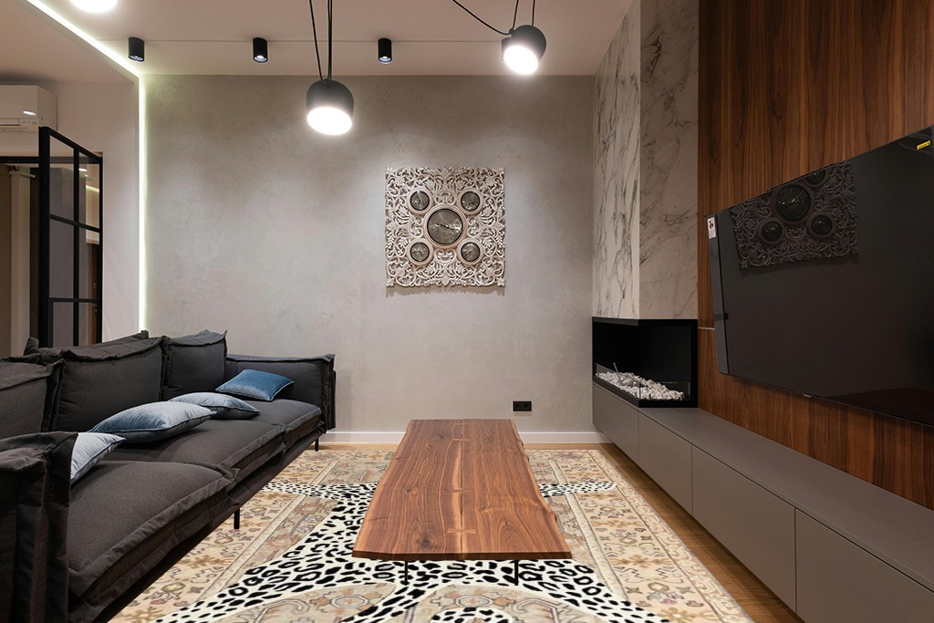 Restoration and Renovation Modern Leopard Wool Rug with Persian Background | Handmade, Animal Print Cheetah Area Carpet for Living Room, Bedroom and Kitchen Decor (5' x 8', Neutral) in Dark Wood Living Room with Black Couch