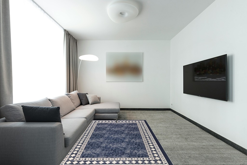 Antep Rugs Alfombras Modern Bordered 5x7 Non-Skid (Non-Slip) Low Profile Pile Rubber Backing Indoor Area Rugs (Navy Blue, 5' x 7') in Modern Living Room with Grey Couch
