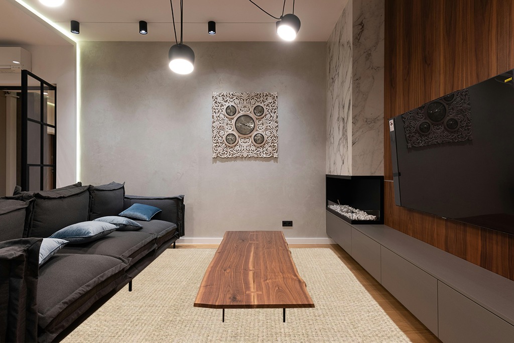 SAFAVIEH Natural Fiber Collection Area Rug - 9' x 12', Natural & Beige, Border Basketweave Seagrass Design, Easy Care, Ideal for High Traffic Areas in Living Room, Bedroom (NF114A) in Dark Wood Living Room with Black Couch