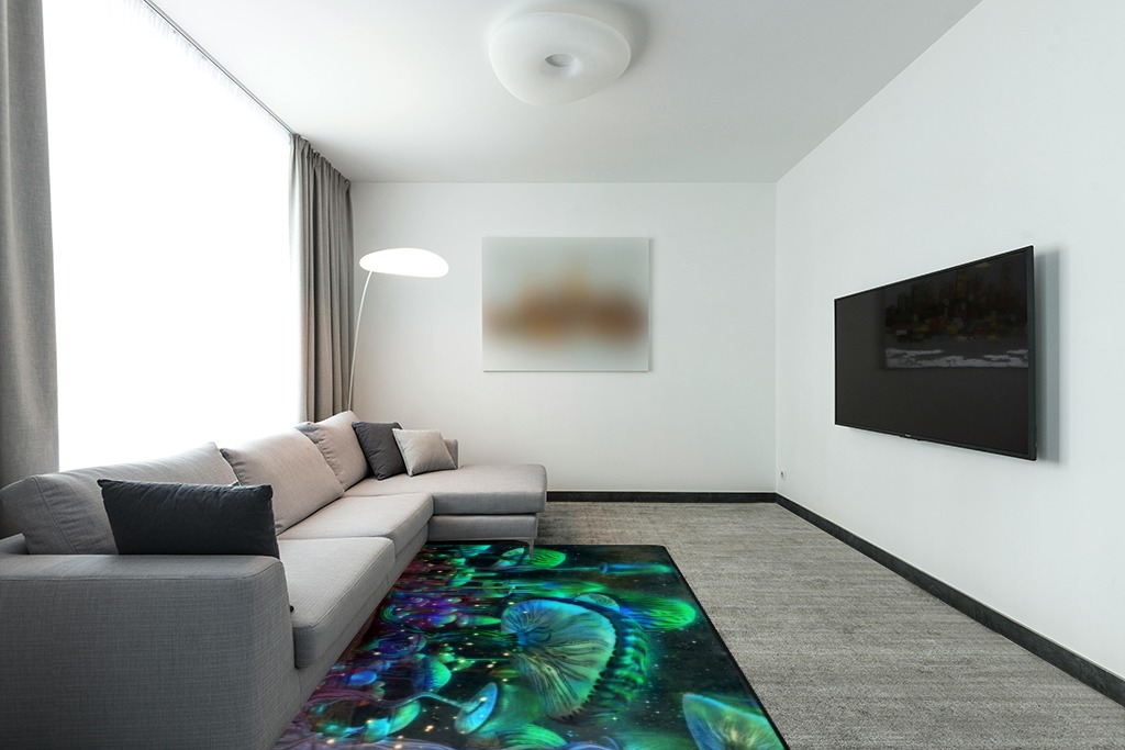 EEIVEUN Green Forest Luminous Mushrooms 5x7' Area Rugs, Indoor Living Room Floor Carpet for Dining Room Kitchen Garden Nursery, Washable Rug Yoga Mat for Office Bedroom Home Decor in Modern Living Room with Grey Couch