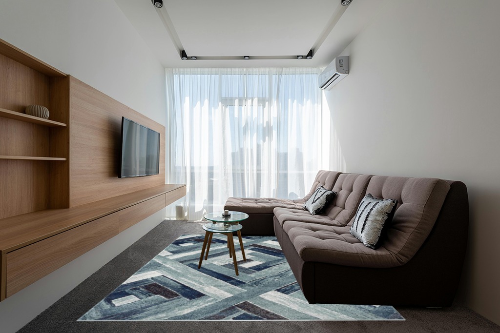 LUXE WEAVERS Modern Abstract Wood Carpet Geometric Blue 8x10 Area Rug in Grey Living Room with Brown Couch