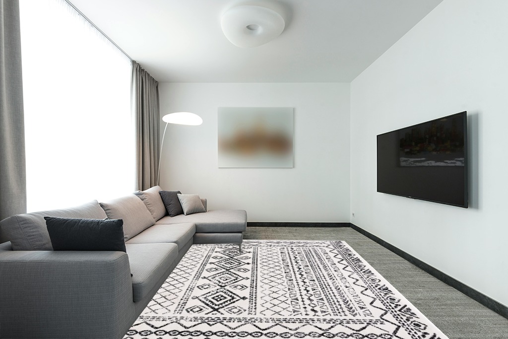 SAFAVIEH Tulum Collection Area Rug - 8' x 10', Ivory & Black, Moroccan Boho Distressed Design, Non-Shedding & Easy Care, Ideal for High Traffic Areas in Living Room, Bedroom (TUL268D) in Modern Living Room with Grey Couch