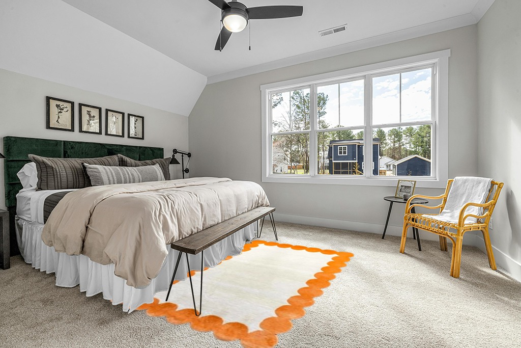 Beige & Orange Irregular Boarder Shape, Modern Handmade Tufted Area Rugs in Beige and Orange Color. in Size 5X8 Feet. in Grey Traditional Bedroom with King Bed