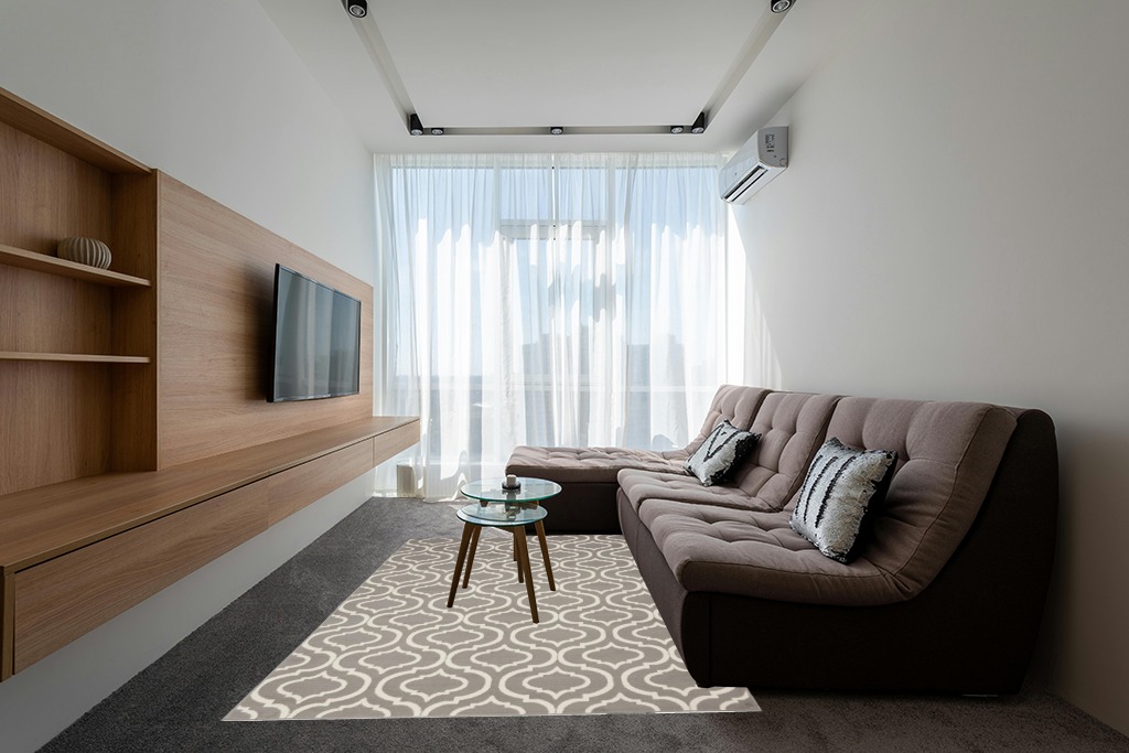 Nourison Jubilant Moroccan Trellis Grey Area Rug, (6' x 9') in Grey Living Room with Brown Couch