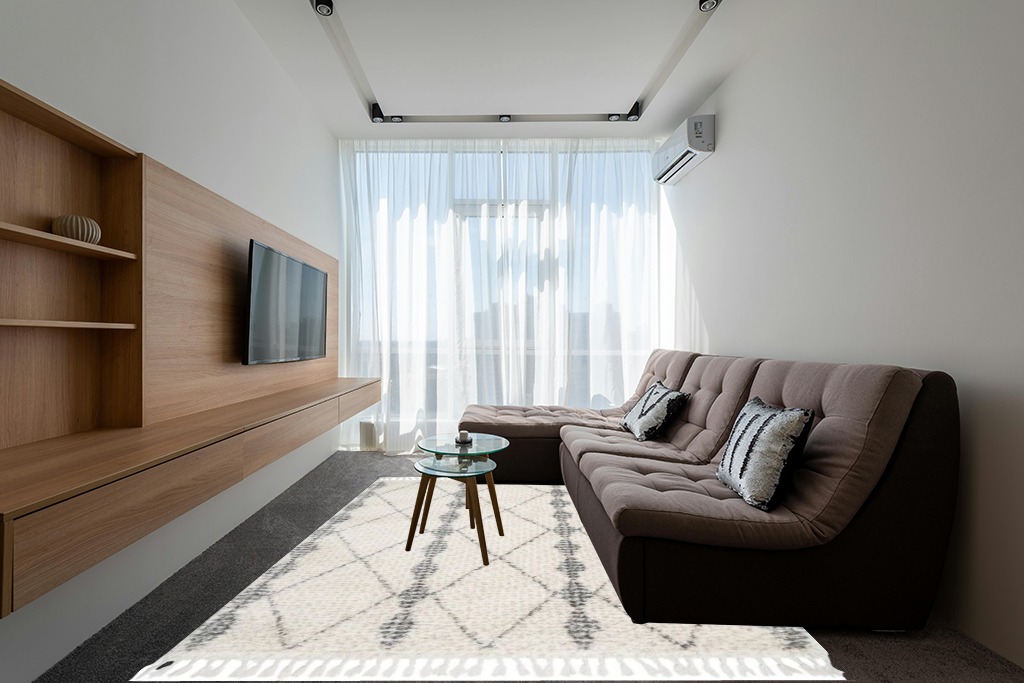 Geometric Beige Area Rug Dakota Fields Rug Size: Rectangle 7'10" x 11' in Grey Living Room with Brown Couch