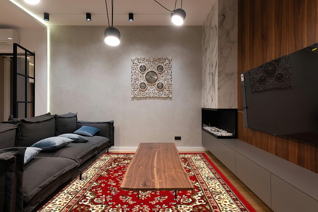 Antep Rugs Kashan King Collection HIMALAYAS Oriental Area Rug Maroon and Beige - Maroon and Beige - 8' x 10' in Dark Wood Living Room with Black Couch