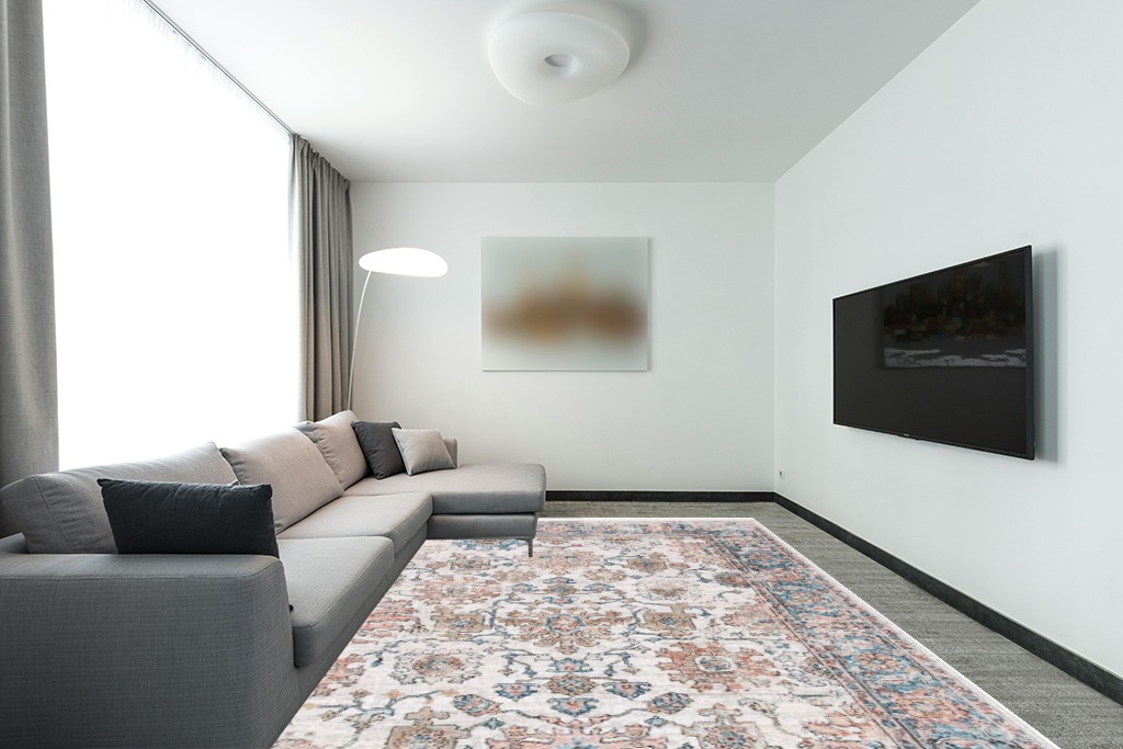 SAFAVIEH Shivan Collection Area Rug - 9' x 12', Grey & Blue, Oriental Distressed Design, Non-Shedding & Easy Care, Ideal for High Traffic Areas in Living Room, Bedroom (SHV797F) in Modern Living Room with Grey Couch
