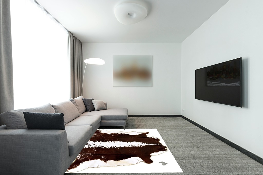 Genuine Cowhide Rug Hereford Black White Animal Skin Leather Cowhide Rug Real Cowskin Area Rug (Design 3, 5x6) in Modern Living Room with Grey Couch