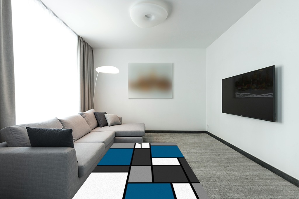 Blue Grey and White Geometry Area Rugs, Entryways Mat Fluffy Soft Machine Washable Breathable Durable for Room Living Room Indoor Outdoor Hallway, 5ft x 7ft in Modern Living Room with Grey Couch