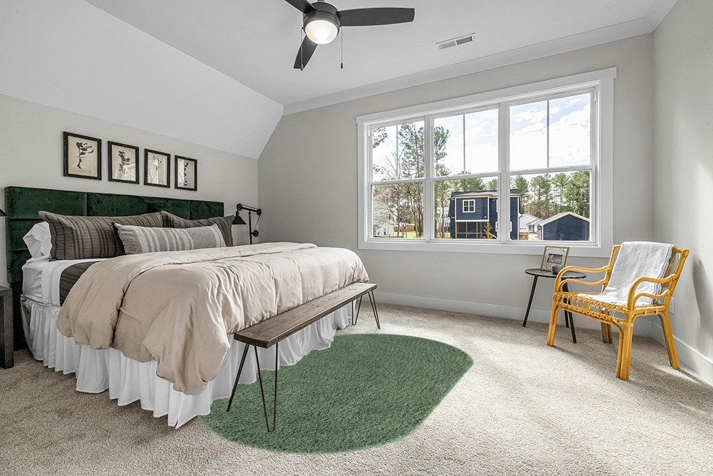 5x8 Oval Green fluffy rug in Grey Traditional Bedroom with King Bed