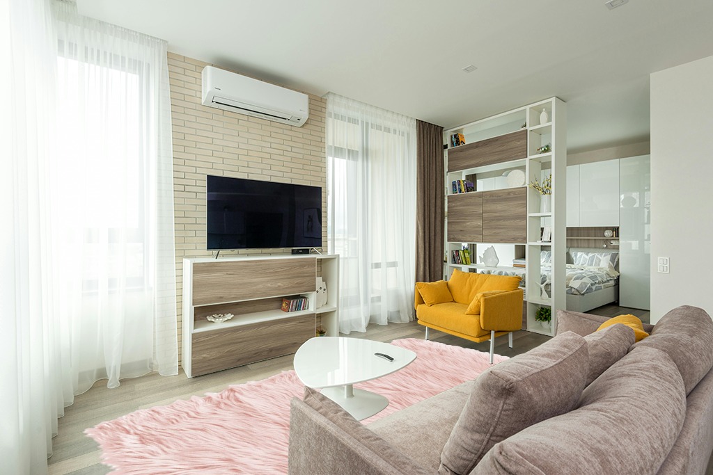 Pink 8 x 10 in Light Modern Living Room with TV