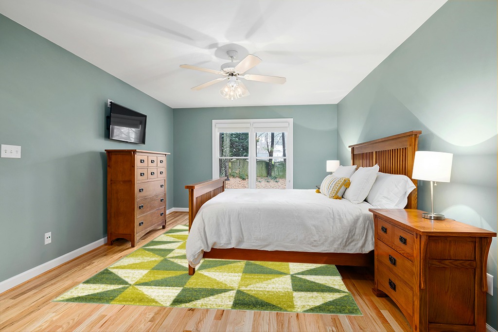Antep Rugs Geometric 8x10 Modern Indoor Area Rug Siesta (Green, 7'10" x 10') in Teal and Orange Wood Bedroom
