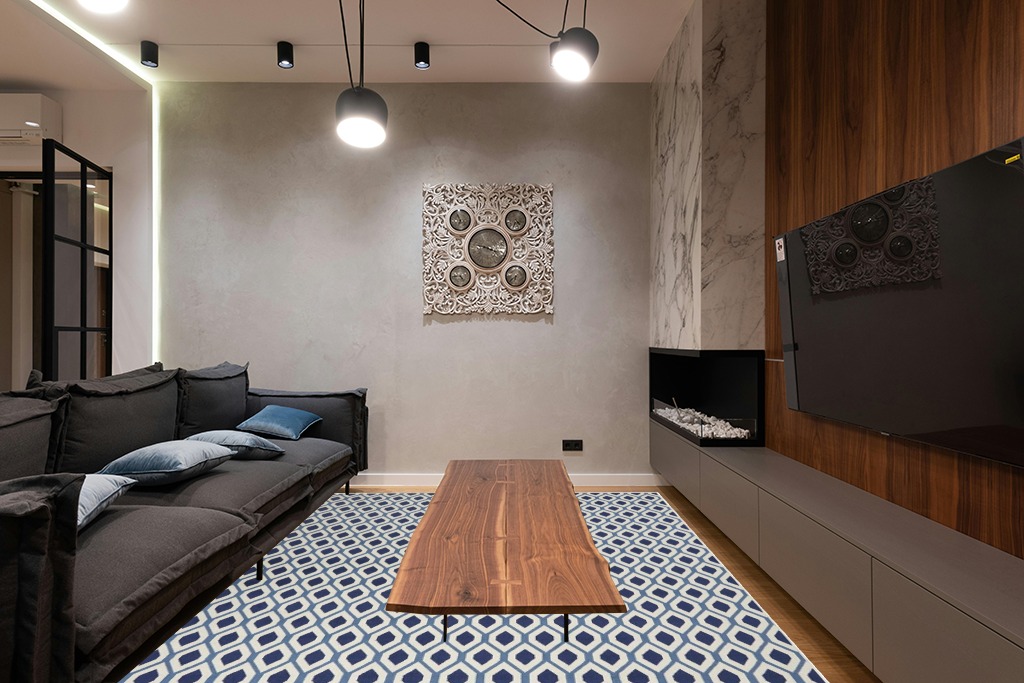 Nourison Grafix Mid-century White/Navy 7'10" x 9'10" Area -Rug, Easy -Cleaning, Non Shedding, Bed Room, Living Room, Dining Room, Kitchen (8x10) in Dark Wood Living Room with Black Couch