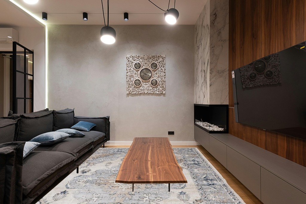 SAFAVIEH Oregon Collection Area Rug - 9' x 12', Beige & Grey, Oriental Distressed Design, Non-Shedding & Easy Care, Ideal for High Traffic Areas in Living Room, Bedroom (ORE898B) in Dark Wood Living Room with Black Couch