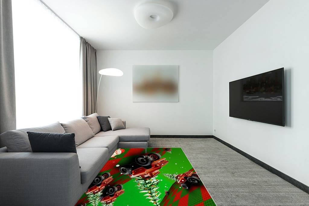 Christmas Area Rug 5 x 8, Washable Bedroom Rug Non-Slip Kitchen Rugs Non Shedding Floor Cover Mat Runner Rug for Living Room Dining Room Outdoor Carpet Truck Xmas Tree Santa Claus 3D Space in Modern Living Room with Grey Couch