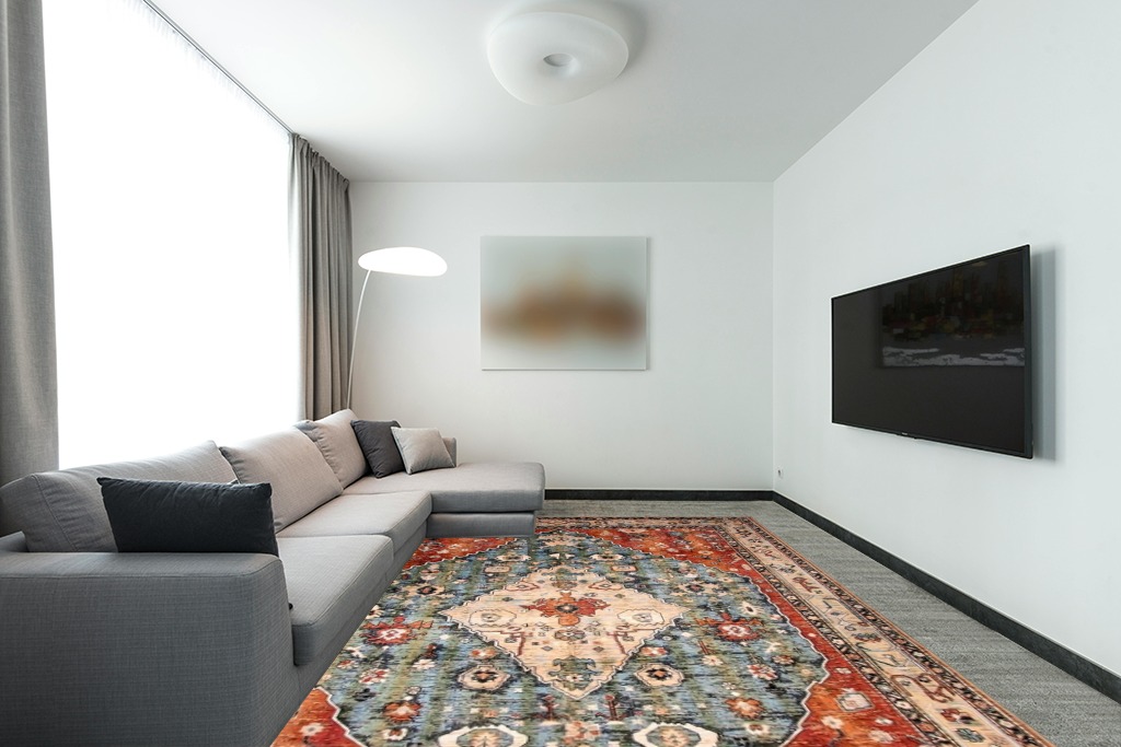 Lahome Boho Tribal Area Rug - 9x12 Large Dining Room Rug Soft Living Room Mat, Vintage Washable Indoor Floor Throw Carpet for Bedroom Powder Room Nursery Playroom Home Office Apartment Decor,Rust in Modern Living Room with Grey Couch