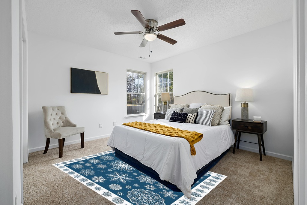 Christmas Area Rug 5 x 8, Washable Bedroom Rug Non-Slip Kitchen Rugs Non Shedding Floor Cover Mat Runner Rug for Living Room Dining Room Outdoor Carpet Seasonal Blue Snowflakes Winter Xmas in White and Yellow Modern Bedroom