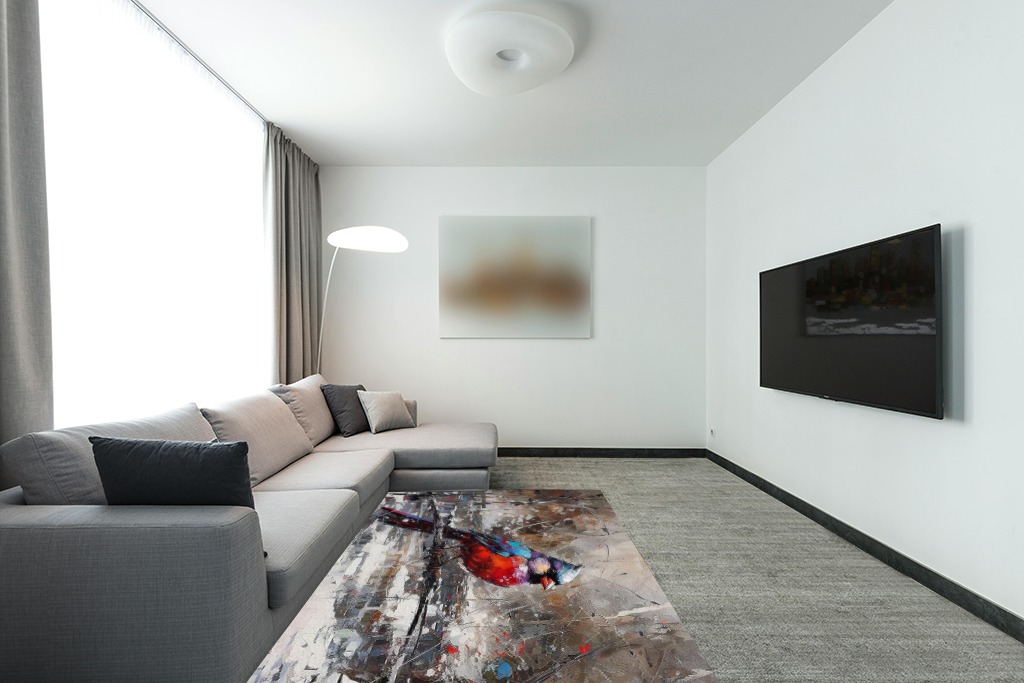 Christmas Area Rug 5 x 8, Washable Bedroom Rug Non-Slip Kitchen Rugs Non Shedding Floor Cover Mat Runner Rug for Living Room Dining Room Outdoor Carpet Winter Red Birds Abstract Painting in Modern Living Room with Grey Couch