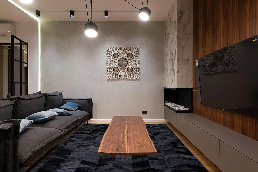 New Cowhide Rug Leather. Animal Skin Patchwork Area Carpet (8 X 10) in Dark Wood Living Room with Black Couch