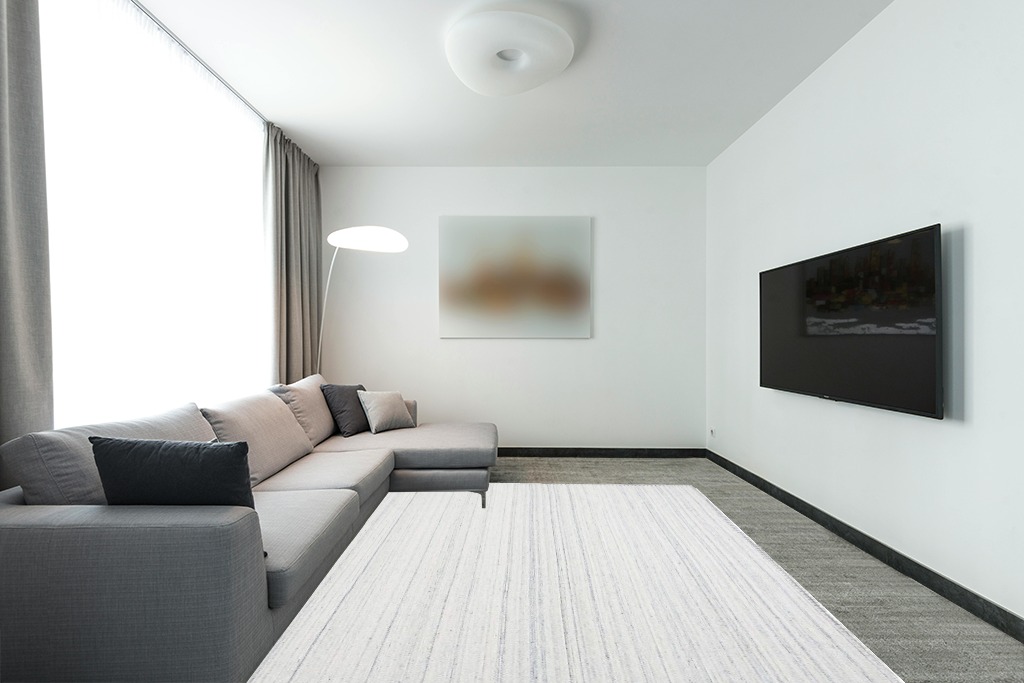 SAFAVIEH Kilim Collection Area Rug - 8' x 10', Beige & Light Grey, Handmade Flat Weave Wool, Ideal for High Traffic Areas in Living Room, Bedroom (KLM651B) in Modern Living Room with Grey Couch