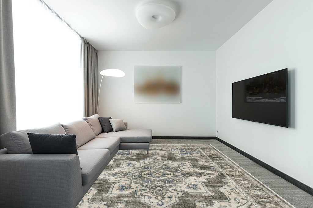 Area Rugs 9x12 for Living Room Bedroom: Large Washable Rug with Non-Slip Backing Non-Shedding Stain Resistant, Boho Floral Large Carpet for Dining Room Nursery Home Office Indoor Brown/Green in Modern Living Room with Grey Couch